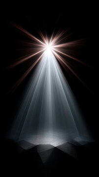 A bright spotlight shines down from above, illuminating a stage with strong beams of light in a dark room, creating a dramatic and mysterious effect.