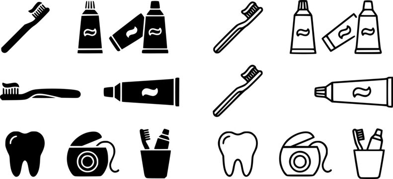 Oral hygiene icon set featuring toothpaste tube and toothbrush in solid and outline style vector
