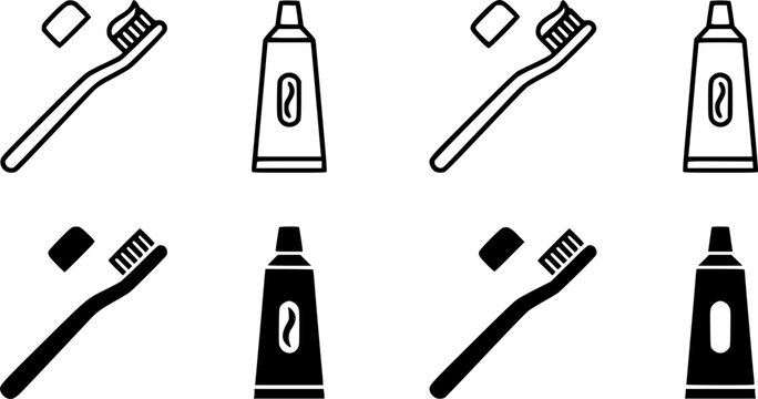 Oral hygiene icon set featuring toothpaste tube and toothbrush in solid and outline style vector
