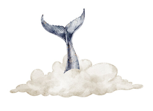 Whale watercolor illustration. Whale tail with clouds isolated on white background. Fantasy marine wildlife element for nursery decor and ocean themed artwork.
