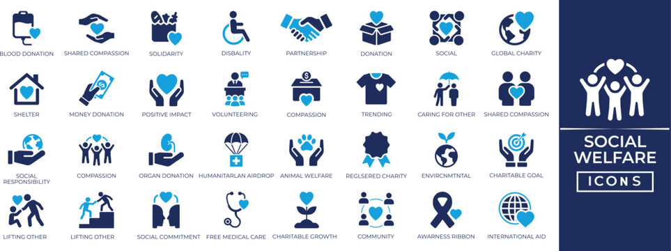 Social welfare solid icon set. Humanitarian, charity, help, volunteer, donation, altruism, solidarity, and community support vector icons.