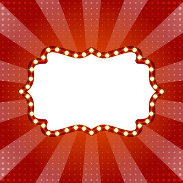 Retro Red Marquee Light Frame with Glowing Bulbs on Pop Art Sunburst Background for Circus Cinema Casino Banner Vector