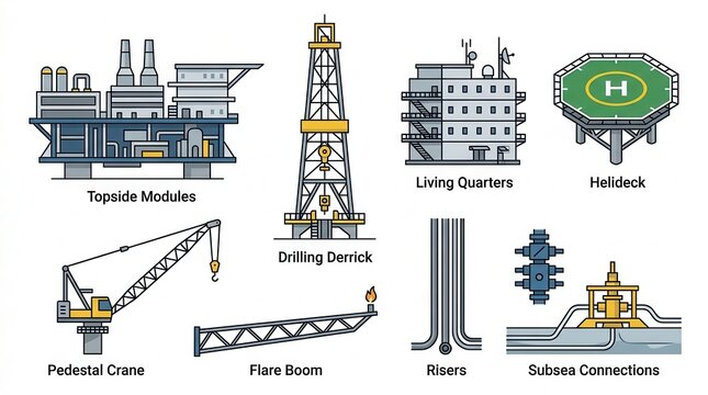 Illustration detailing offshore oil and gas platform structures and subsea equipment