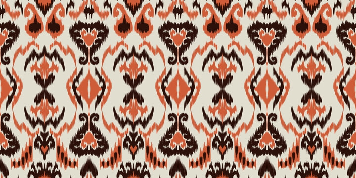 Seamless Ikat Pattern Vector, Traditional Ethnic Geometric Ornament for Textile, Apparel and Fashion Fabric Print, Abstract Bohemian Wallpaper Background Texture in Terracotta Orange, Dark Brown