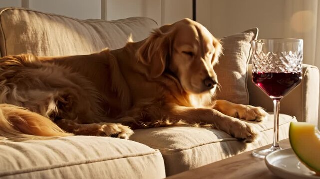 Golden retriever sleeping on a beige fabric sofa in warm sunlight next to a crystal glass of red wine and sliced cantaloupe on a wooden coffee table in a modern living room.