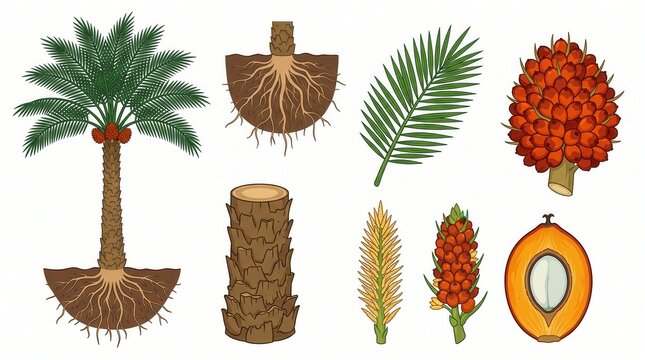 Detailed illustration of an oil palm tree, including roots, trunk, leaf, flower, and fruit