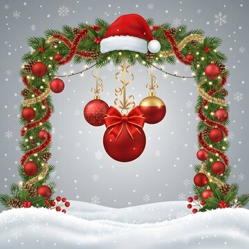 Festive christmas wreath with santa hat and ornaments on snowy background illustration