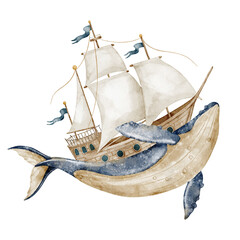 Whale with ship watercolor illustration. Big marine creature carrying sailing vessel on isolated background. Fantasy maritime composition for nursery poster, travel themes and baby storybook artwork. © Alisles