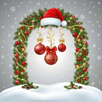 Festive christmas wreath with santa hat and ornaments on snowy ground illustration