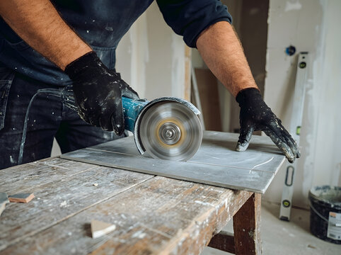 Professional Tiler Cutting Ceramic Tile on Workbench with Electric Angle Grinder | Construction Worker Using Power Tool to Cut Grey Stone Tile | Close Up of Tradesman Cutting Tiles on Wooden Table