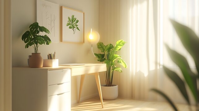 Cozy home office interior with plants and natural light