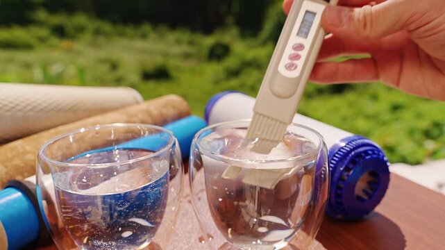 Person Comparing Water Samples With a Digital TDS Meter, Measuring Total Dissolved Solids to Detect Clean and Contaminated Drinking Water, Close Up, Water Safety