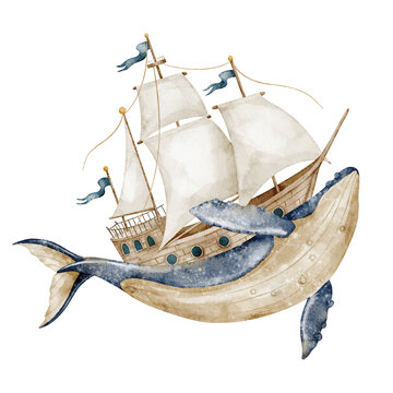 Whale with ship watercolor illustration. Big marine creature carrying sailing vessel on isolated background. Fantasy maritime composition for nursery poster, travel themes and baby storybook artwork.
