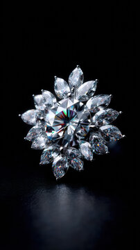 A stunning close up of a brilliant diamond with smaller stones surrounding it glistens against a sleek black background, showcasing its exquisite sparkle.