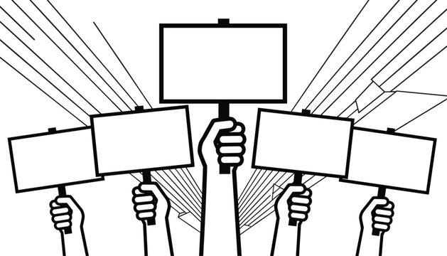 Graphic illustration of five raised hands holding blank protest picket signs with perspective sunburst background.