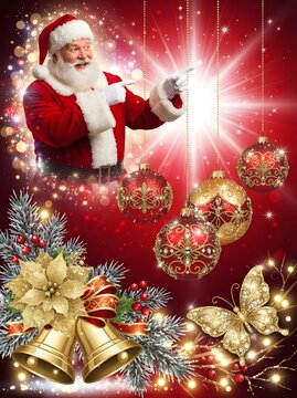 Festive Santa Claus pointing with christmas ornaments and golden decorations on a red background