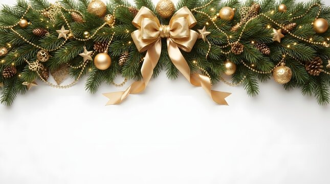Golden christmas ornaments and pine branches on a white background for festive holiday decorations