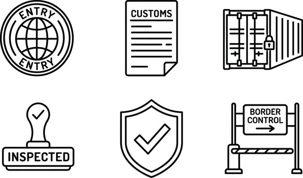 Customs clearance and border control line icon set