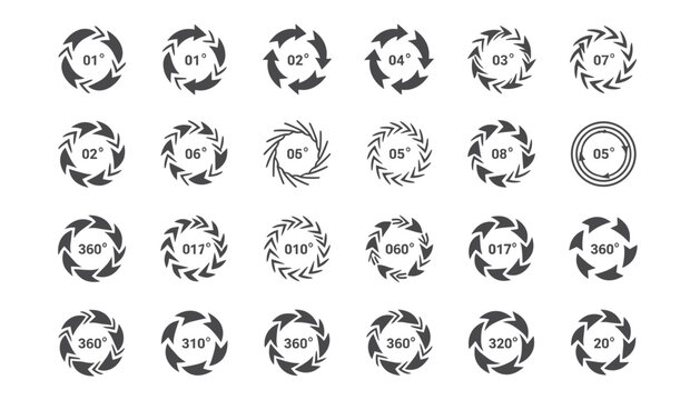 Twenty four circular rotation arrows with various angle degree numbers representing rotational progress icons.