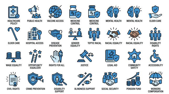 Detailed set of healthcare policy and social justice icons featuring blue accents on medical safety disability rights equality legal aid and community welfare.