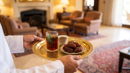 Obraz premium Arabic Hospitality Welcome Concept Hands Presenting Traditional Tea Coffee and Dates