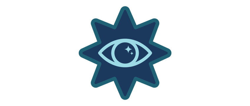 Minimalist eye icon inside an eight pointed blue star