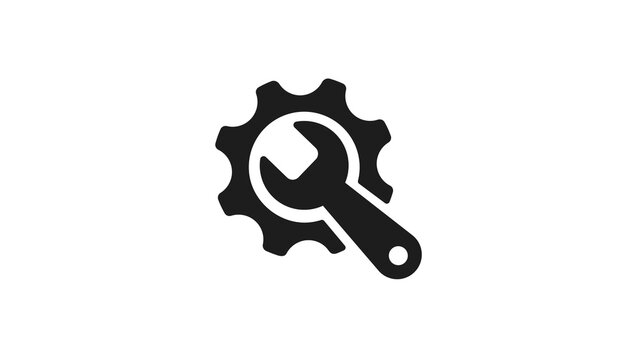 Black gear and wrench icon for settings, repair, or technical support concept