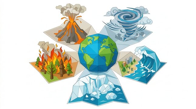 Earth globe surrounded by a volcanic eruption, forest fire, hurricane, tsunami, and melting ice