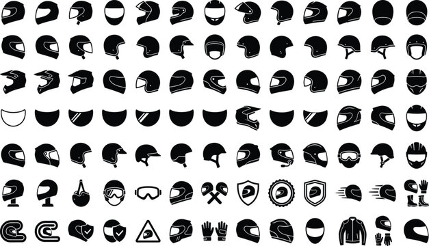 Motorcycle Helmet Silhouette Icon Set with Full Face, Motocross, Visor, and Safety Gear Symbols for Biker Websites, Racing Apps, and Motorsport Branding
