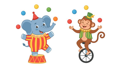 Circus performers: An elephant standing on a circus platform and a monkey riding a unicycle, both juggling colorful balls, embodying the spirit of a vibrant circus show © Saifa