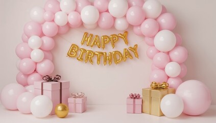 Fototapeta premium Birthday Celebration Setup With Pink Balloons and Gift Boxes