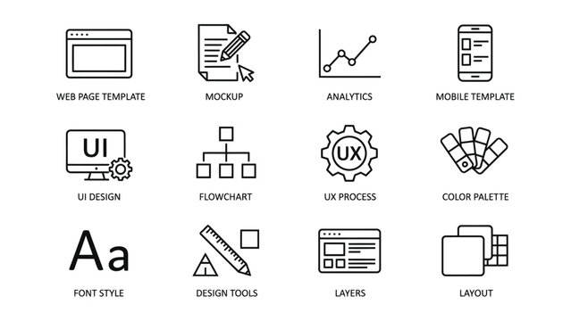 Collection of icons representing web design and user experience elements