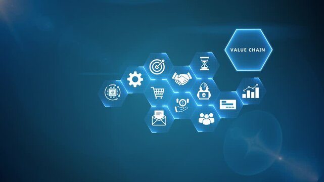 Value Chain Infographic Animation with Business Process Icons and Digital Enterprise Network on Blue Background 4k visuals