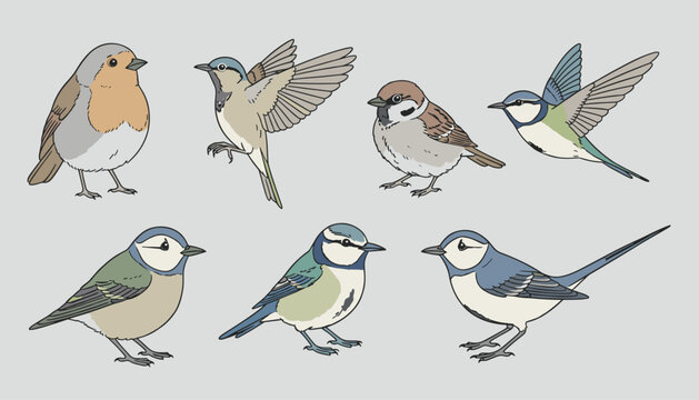 Seven hand drawn garden birds in various poses including sparrows, blue tits, and robins on soft grey background.