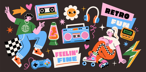 Retro 90s stickers collection with cassette tape, boombox, roller skates, lava lamp, headphones, game controller, pager and nostalgic doodle elements. Minimalist vector set.