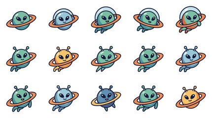 Professional Collection of Colorful Cartoon Alien Characters with Planetary Rings in Various Bright Colors © Lukman