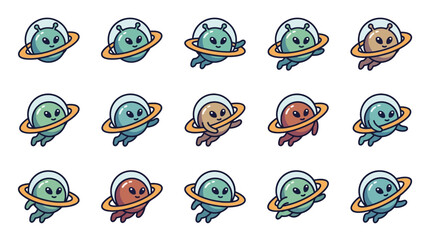 Minimalist Cute Cartoon Aliens Floating on Colorful Planetary Rings Whimsical Space Themed Characters with Varied Skintones © Lukman