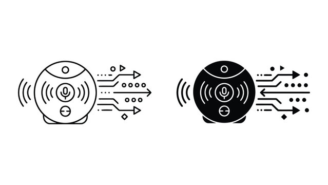 Smart voice speaker data processing and transmission icon set with microphone