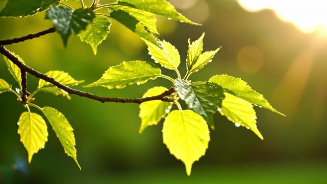 Close-up of vibrant green tree leaves with dew drops, backlit by golden sunlight during sunset in a lush forest with soft bokeh background and natural lens flare.
