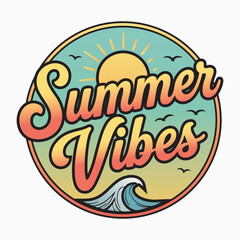 Fototapeta premium Summer vibes retro round badge vector illustration with sun and ocean wave