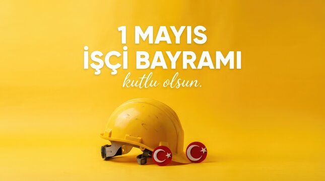 Labor day celebration turkish may day greeting with construction helmet and national flags