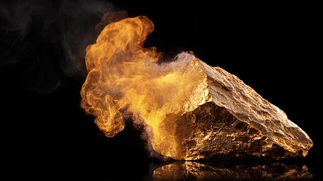 A golden rock emits wisps of smoke against a stark black background, showcasing texture and light