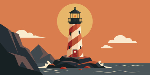 Lighthouse Guiding the Way: An isolated lighthouse stands tall on a rocky outcrop amidst the sea, its beam cutting through the dusky sky as a beacon of hope and guidance. © Gwith Boss