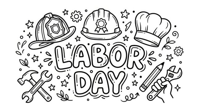 Labor day doodle collection firefighter chef carpenter electrician and construction worker illustrations for holiday marketing