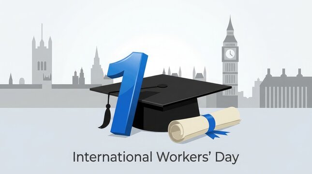 Labor day celebration with graduation cap scroll and london skyline may day recognition