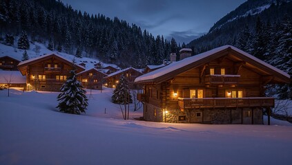 Naklejka premium Winter Evening in a Mountain Village With Wooden Houses and Snow