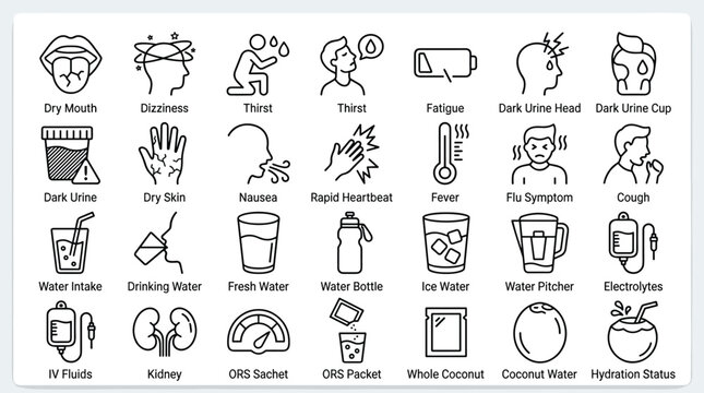 Human health hydration icons and symptoms of dehydration vector set including water intake and medical hydration status symbols for healthcare and clinical research.