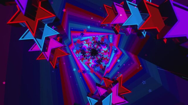 Seamless VJ loop with glowing neon stars spiral tunnel and psychedelic motion for high-tech club visuals, electronic music festivals, stage screens and for LED video walls