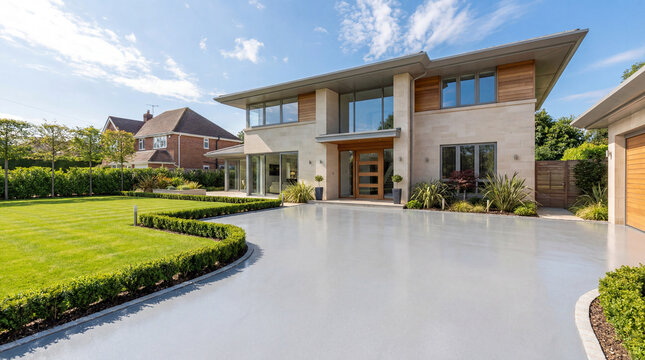 Modern luxury residential home with large paved driveway and landscaped lawn.