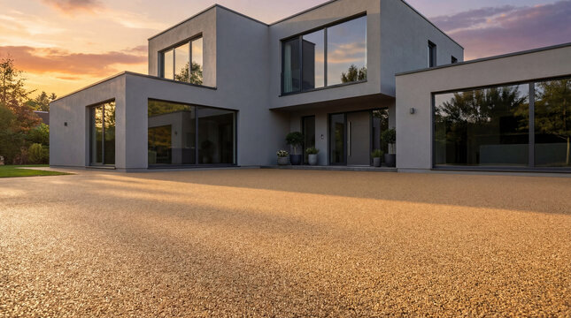 Modern luxury home exterior with resin bound gravel driveway at sunset.